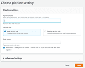 AWS pipeline settings panel with no details entered