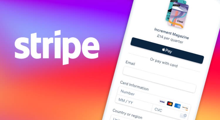 Stripe logo on colourful gradient next to payment app mockup