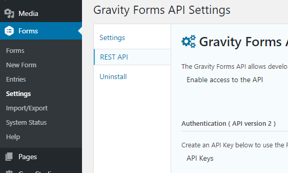 WordPress Gravity Forms REST API Settings panel